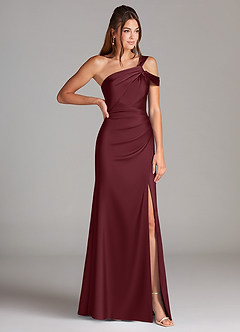 Azazie Wynter Bridesmaid Dresses Cabernet Sheath Off the Shoulder Stretch Satin Dress image4