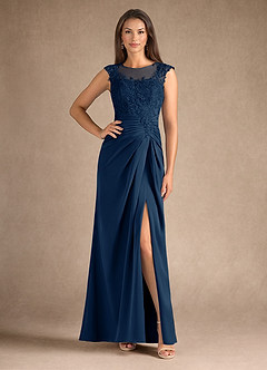 Azazie Santa Barbara Mother of the Bride Dresses Dark Navy Sheath Pleated Stretch Satin Dress image1