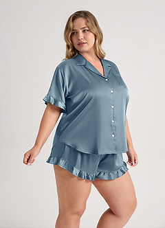 front Matching Color Ruffled Short Sleeve Pajama Set