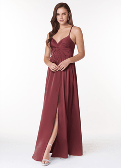 Azazie Raya Bridesmaid Dresses Merlot A-Line V-Neck Pleated Stretch Satin Dress image3