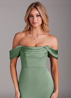 Azazie Saige Bridesmaid Dresses Matcha Mermaid Off the Shoulder Stretch Satin Dress image5