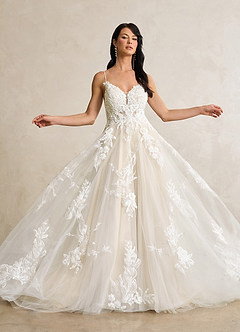 Azazie Lorenza Wedding Dresses Diamond White Champagne A-Line V-Neck Sequins Tulle Dress image2