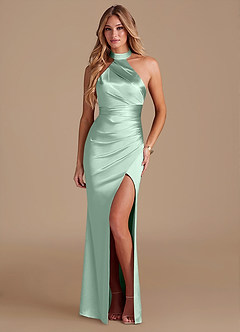 Azazie Karlotta Bridesmaid Dresses Agave Sheath Pleated Metallic Satin Dress image1