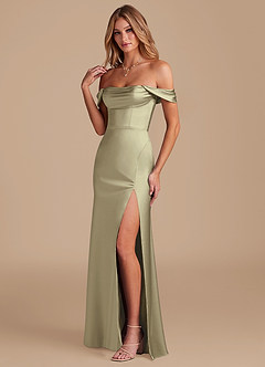 Azazie Saige Bridesmaid Dresses Moss Green A-Line Off the Shoulder Metallic Satin Convertible Dress image6