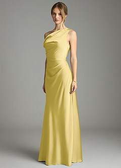 Azazie Emerson Bridesmaid Dresses Canary Mermaid Off the Shoulder Stretch Satin Dress image2