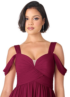 Azazie Lianne Abiti da Damigella Abito A-Line in Chiffon Spalle Scoperte Borgogna image5