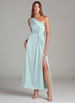 Azazie Brooke Robes de demoiselle d'honneur Robe Trapèze en Satin extensible Asymétrique Brume image1