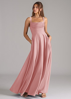 Azazie Shaude Bridesmaid Dresses Powder Pink A-Line Pleated Stretch Satin Dress image3
