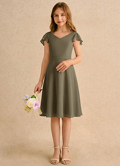 Azazie Narin Girls Formal Robe Demoiselle D'honneur Fillette Robe Trapèze en Mousseline de soie avec manches Vert Saule image3