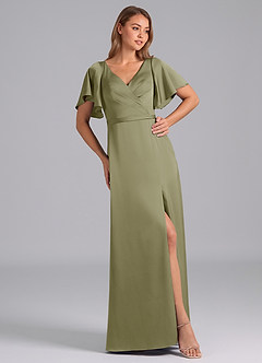 Azazie Ambrosia Robes de demoiselle d'honneur Robe Trapèze en Satin extensible Plissée Pistache image4