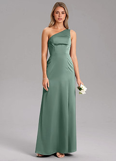 Azazie Feby Bridesmaid Dresses Eucalyptus A-Line One Shoulder Stretch Satin Dress image7