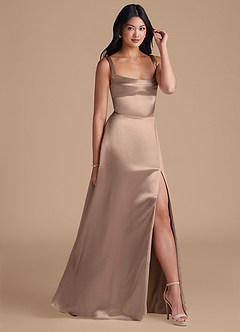 Azazie Hope Bridesmaid Dresses Taupe A-Line with Pockets Metallic Satin Dress image1