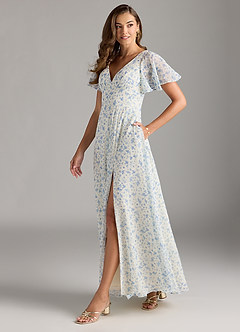 Azazie Kimber Bridesmaid Dresses Blue And White Ditsy Floral A-Line Flounce Sleeve Chiffon Dress image3