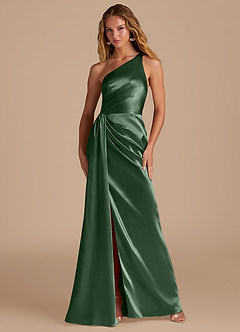 Azazie Mika Vestidos de damas de honor Vestido de Eucalipto de Satén Metálico de Corte Recto con Hombro unilateral image1