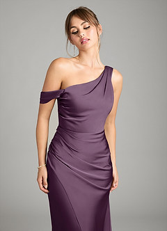 Azazie Madelyn Bridesmaid Dresses Plum Mermaid One Shoulder Stretch Satin Convertible Dress image4