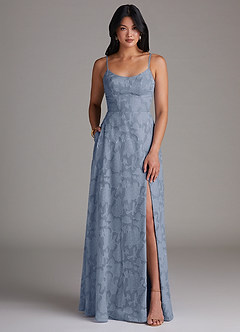Azazie Moira Robes de demoiselle d'honneur Robe Trapèze en Blumen-Burnout Fente Latérale Bleu Poussiéreux image1