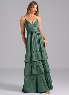Azazie Nathalia Bridesmaid Dresses Eucalyptus A-Line Pleated Stretch Satin Dress image1