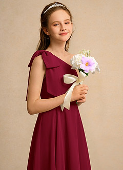 Azazie Guppy Girls Formal Blumenmädchenkleider A-Linie One-Shoulder Chiffon Kleid Burgunderrot image4