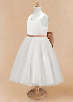 Azazie Seline Flower Girl Dresses Ivory Champagne Rose A-Line Bow Tulle Dress image8