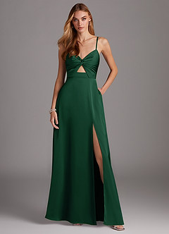 Azazie Jenna Robes de demoiselle d'honneur Robe Trapèze en Satin extensible Plissée Vert Foncé image2
