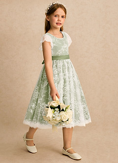 Azazie Maisie vestidos de niña de las flores Vestido Marfil Pistacho de Encaje de Línea A image4