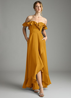 Azazie Lyra Bridesmaid Dresses Butterscotch A-Line Off the Shoulder Stretch Satin Convertible Dress image6