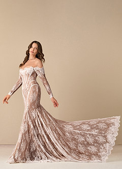 Azazie Katherine Wedding Dresses Diamond White Mocha Mermaid Off the Shoulder Tulle Dress image2