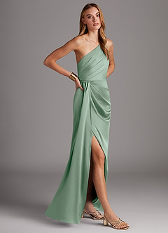 Azazie Mika At-home Try On Dresses Agave Sheath One Shoulder Stretch Satin Dress image4