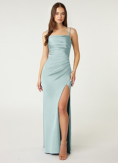 Azazie Desi Bridesmaid Dresses Mist Sheath Halter Corset Stretch Satin Dress image1