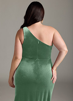 Azazie Argan Brautjungfernkleider A-Linie Eine Schulter Gefaltet Samt Kleid Eukalyptus image13