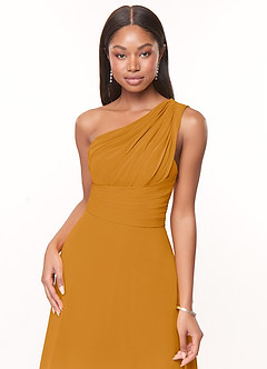 Azazie Ashley Robes de demoiselle d'honneur Robe Trapèze en Mousseline de soie Rayé Caramel écossais image5