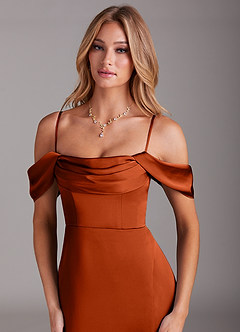 Azazie Saige Bridesmaid Dresses Paprika Sheath Off the Shoulder Stretch Satin Dress image2
