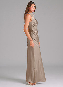 Azazie Evadne Bridesmaid Dresses Taupe Sheath Pleated Stretch Satin Dress image4