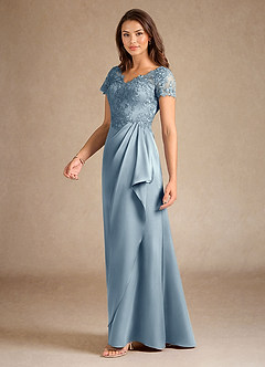 Azazie Santa Ana Mother of the Bride Dresses Dusty Blue A-Line Lace Stretch Satin Dress image2