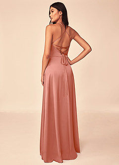 Azazie Mei Bridesmaid Dresses Salmon Pink A-Line V-Neck Stretch Satin Dress image2