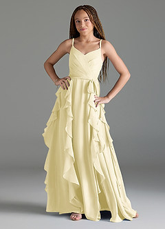 Azazie Peyton Junior Lemon Sorbet A-Line V-Neck Cascading Ruffles Chiffon Dress image1