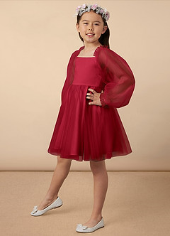 Azazie Aya Blumenmädchenkleider A-Linie mit ärmel Tüll Kleid Scharlachrot image2