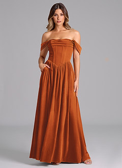 Azazie Hattie Bridesmaid Dresses Burnt Orange A-Line Ruched Velvet Dress image1