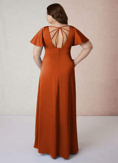 Azazie Lani Bridesmaid Dresses Burnt Orange A-Line Flounce Sleeve Stretch Satin Dress image8