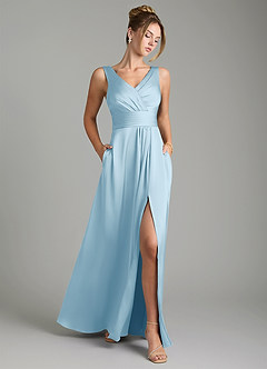 Azazie Karina Bridesmaid Dresses Sky Blue A-Line Pleated Stretch Satin Dress image1