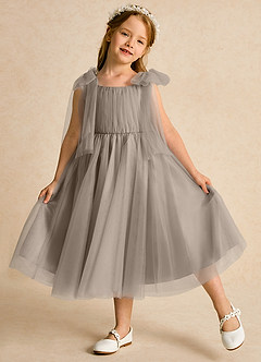 Azazie Dori Robe Demoiselle D'honneur Fillette Robe Trapèze en Tulle Rayé Taupe image4