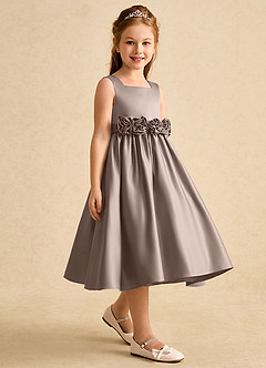 Azazie Peaches Flower Girl Dresses Taupe A-Line Bow Matte Satin Dress image3
