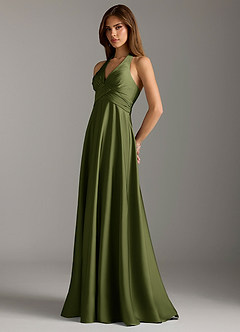 Azazie Tessie Bridesmaid Dresses Olive A-Line Pleated Stretch Satin Dress image5
