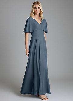 Azazie Pamela Vestidos de damas de honor Vestido de Neptuno de Gasa de Corte en A con Cuello en V plisado image4