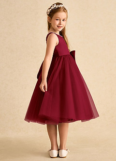Azazie Twinsie Flower Girl Dresses Burgundy A-Line Bow Tulle Dress image4