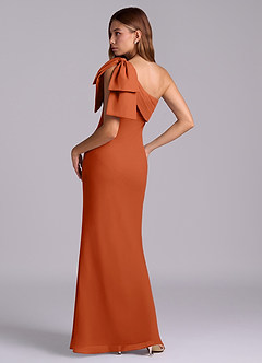Azazie Yuanna Robes de demoiselle d'honneur Robe Sirène en Mousseline de soie Une épaule Orange Brûlée image6