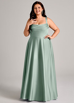 Azazie Shaude Bridesmaid Dresses Agave A-Line Pleated Stretch Satin Dress image9