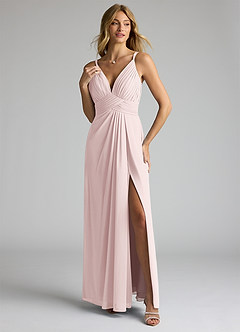 Azazie Maren Allure Bridesmaid Dresses Blushing Pink A-Line V-Neck Lace Chiffon Dress image1