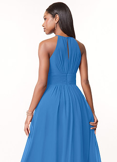 Azazie Bonnie Vestidos de damas de honor Vestido de Azul Grisaceo de Gasa de Corte en A con Cuello de pico fruncido image4