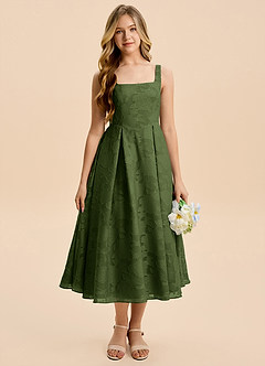 Azazie Amalie Junior Olive A-Line Ruched Floral Burnout Dress image4